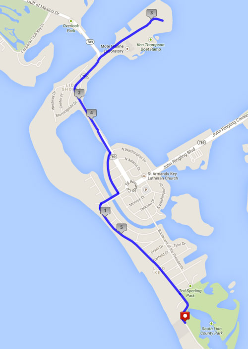 Phone: 388-2181
Short route: 3.3. miles
• Start out heading northwest, along Benjamin Franklin Drive
• Follow the road until St. Armands Circle
• Head counter-clockwise along the circle, and turn right on Boulevard of the Presidents, heading south
• Continue down the road, and take a right at Taft Drive, then left on Benjamin Franklin Drive
• Run past the Helmsley, to the end of Benjamin Franklin Drive. Return to the Hotel



Long route: 6 miles
• Start out heading northwest, along Benjamin Franklin Drive
• Follow the road until St. Armands Circle. Head clockwise, and turn left on Boulevard of the presidents, heading north
• The road will turn into North Washington Drive, then John Ringling Parkway
• Continue until you hit a stoplight, just before Lido Key bridges to Longboat Key
• At this point, turn right, onto Ken Thompson Parkway
• Follow the road until Ken Thompson Park
• Loop around the park and return back, following the same route



Inn at the Beach (Venice)
Address: 725 W Venice Ave, Venice, FL 34285