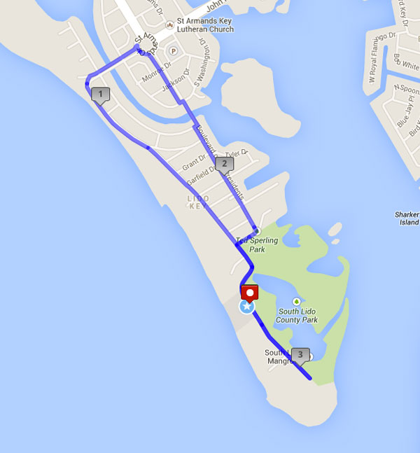 Phone: 388-2181
Short route: 3.3. miles
• Start out heading northwest, along Benjamin Franklin Drive
• Follow the road until St. Armands Circle
• Head counter-clockwise along the circle, and turn right on Boulevard of the Presidents, heading south
• Continue down the road, and take a right at Taft Drive, then left on Benjamin Franklin Drive
• Run past the Helmsley, to the end of Benjamin Franklin Drive. Return to the Hotel



Long route: 6 miles
• Start out heading northwest, along Benjamin Franklin Drive
• Follow the road until St. Armands Circle. Head clockwise, and turn left on Boulevard of the presidents, heading north
• The road will turn into North Washington Drive, then John Ringling Parkway
• Continue until you hit a stoplight, just before Lido Key bridges to Longboat Key
• At this point, turn right, onto Ken Thompson Parkway
• Follow the road until Ken Thompson Park
• Loop around the park and return back, following the same route



Inn at the Beach (Venice)
Address: 725 W Venice Ave, Venice, FL 34285