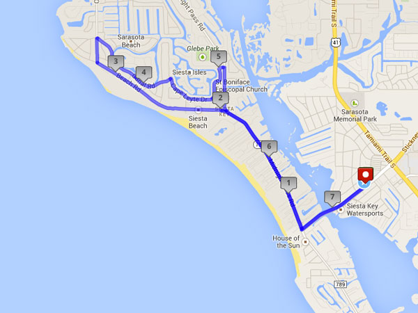 Phone:(941) 921-5797
Short Route: 2.7 miles
• Head southwest, down Stickney Point Road, out toward Siesta Key
• Cross over the bridge and take a left, heading south on Midnight Pass Road
• Continue down midnight pass, and take a right onto Crescent Street
• Take a right onto Point of Rocks Road, then follow the road, turning right, and back onto Midnight Pass
• Return back up Midnight Pass Road, continuing back to the hotel



Long Route: 7.4 miles
• Head southwest, down Stickney Point Road, out toward Siesta Key
• Cross over the bridge and take a left, heading north on Midnight Pass Road
• Continue about 1.5 miles on Midnight Pass
• Take a left onto Beach Road, heading west, then northwest
• Continue on Beach Road, heading into Siesta Key Village
• Turn Right on Canal Road
• Follow road southeast, then east, until road forks
• Turn right on Cape Leyte Drive, follow bend. Road will turn into Shadow Lawn Drive
• Keep right, and turn on to Midnight Pass Road
• Head south on Midnight Pass Road, and continue on Midnight Pass Road, as road forks, continuing south
• After about 1.5 miles, turn left, back onto Stickney Point Road, returning to the Hotel



 