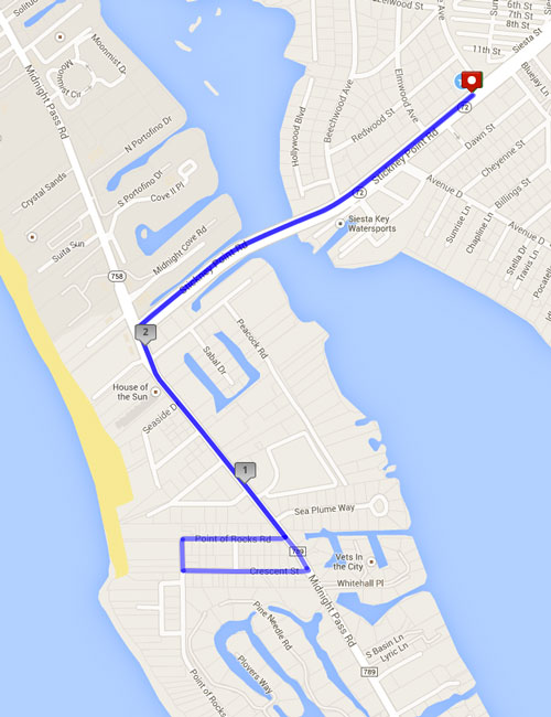 Phone:(941) 921-5797
Short Route: 2.7 miles
• Head southwest, down Stickney Point Road, out toward Siesta Key
• Cross over the bridge and take a left, heading south on Midnight Pass Road
• Continue down midnight pass, and take a right onto Crescent Street
• Take a right onto Point of Rocks Road, then follow the road, turning right, and back onto Midnight Pass
• Return back up Midnight Pass Road, continuing back to the hotel



Long Route: 7.4 miles
• Head southwest, down Stickney Point Road, out toward Siesta Key
• Cross over the bridge and take a left, heading north on Midnight Pass Road
• Continue about 1.5 miles on Midnight Pass
• Take a left onto Beach Road, heading west, then northwest
• Continue on Beach Road, heading into Siesta Key Village
• Turn Right on Canal Road
• Follow road southeast, then east, until road forks
• Turn right on Cape Leyte Drive, follow bend. Road will turn into Shadow Lawn Drive
• Keep right, and turn on to Midnight Pass Road
• Head south on Midnight Pass Road, and continue on Midnight Pass Road, as road forks, continuing south
• After about 1.5 miles, turn left, back onto Stickney Point Road, returning to the Hotel



 