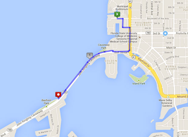 Phone: 953-1234
Short route: About 3 miles
• Start out running east toward U.S. 41
• Take a right turn on 4th street, then left, continuing on 4th street.
• Turn right at 41, and follow road down to Ringling Causeway
• Head up and over the Ringling Bridge, then return using the same route

