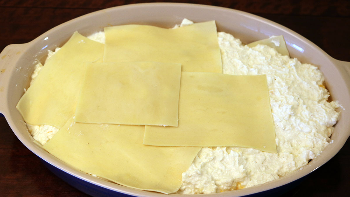 Ingredients assembled in the lasagna pan