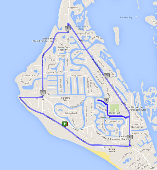 Phone:(941) 346-7196
Short Route: 3.5 miles
• Head northwest on Beach Road
• Turn right on Ocean Boulevard, heading into Siesta Key Village
• Turn Right on Canal Road
• Follow road southeast, then east, until road forks
• Turn right on Cape Leyte Drive, follow bend. Road will turn into Shadow Lawn Drive.
• Keep right, and turn on to Midnight Pass Road
• Head south on Midnight Pass Road
• Turn right on to Beach Road, following the road back to your hotel



Long Route: 4.9 miles
• Head northwest on Beach Road, continuing until the street ends
• Turn right on Avenida Messina
• Street ends at Columbus Boulevard, turn left
• Turn left again at Ocean Boulevard, heading north
• Follow Ocean Boulevard for about a mile, until it runs into Higel Avenue
• Turn left on Higel Avenue
• Hook a right onto Midnight Pass Road, heading southeast
• Follow Midnight Pass Road, about two miles, until Midnight Pass Road forks with Beach Road
• Turn right onto Beach Road, heading west, then northwest, until you return to your hotel



Hibiscus Suites: 
Address: 1735 Stickney Point Rd, Sarasota, FL 34231