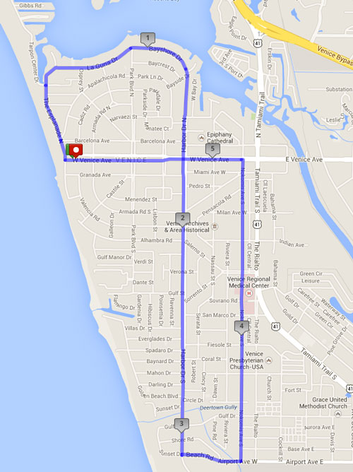 Phone: 484-8471
Short Route: 2.2 Miles
• Head west out to The Esplanade South
• Head north, until road forks. Turn left, on to Tarpon Center Drive
• Follow the road north, until the road ends in a park
• Head home using the same route



Long Route: 5.7 miles
• Head west out to The Esplanade South
• Head north, until road forks. Turn right, on to La Guna Drive
• Follow road, which will turn into Bayshore Drive
• Follow road around the bend, heading south. Road will turn into Harbor Drive
• Continue south, about two miles
• Turn left on Beach Road, and then left again, heading north, up Nokomis Avenue
• Turn Left on Venice Avenue, heading through town, back to your hotel



The Inn on Siesta Key
Address: 515 Beach Rd, Sarasota, FL 34242