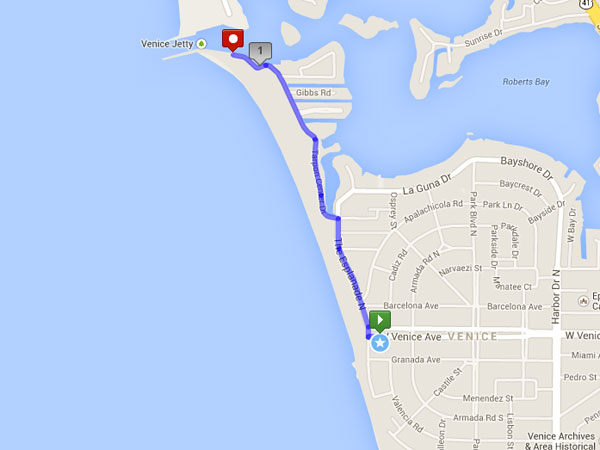 Phone: 484-8471
Short Route: 2.2 Miles
• Head west out to The Esplanade South
• Head north, until road forks. Turn left, on to Tarpon Center Drive
• Follow the road north, until the road ends in a park
• Head home using the same route



Long Route: 5.7 miles
• Head west out to The Esplanade South
• Head north, until road forks. Turn right, on to La Guna Drive
• Follow road, which will turn into Bayshore Drive
• Follow road around the bend, heading south. Road will turn into Harbor Drive
• Continue south, about two miles
• Turn left on Beach Road, and then left again, heading north, up Nokomis Avenue
• Turn Left on Venice Avenue, heading through town, back to your hotel



The Inn on Siesta Key
Address: 515 Beach Rd, Sarasota, FL 34242