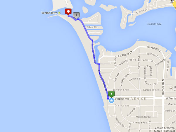 Phone: 484-8471
Short Route: 2.2 Miles
• Head west out to The Esplanade South
• Head north, until road forks. Turn left, on to Tarpon Center Drive
• Follow the road north, until the road ends in a park
• Head home using the same route



Long Route: 5.7 miles
• Head west out to The Esplanade South
• Head north, until road forks. Turn right, on to La Guna Drive
• Follow road, which will turn into Bayshore Drive
• Follow road around the bend, heading south. Road will turn into Harbor Drive
• Continue south, about two miles
• Turn left on Beach Road, and then left again, heading north, up Nokomis Avenue
• Turn Left on Venice Avenue, heading through town, back to your hotel



The Inn on Siesta Key
Address: 515 Beach Rd, Sarasota, FL 34242