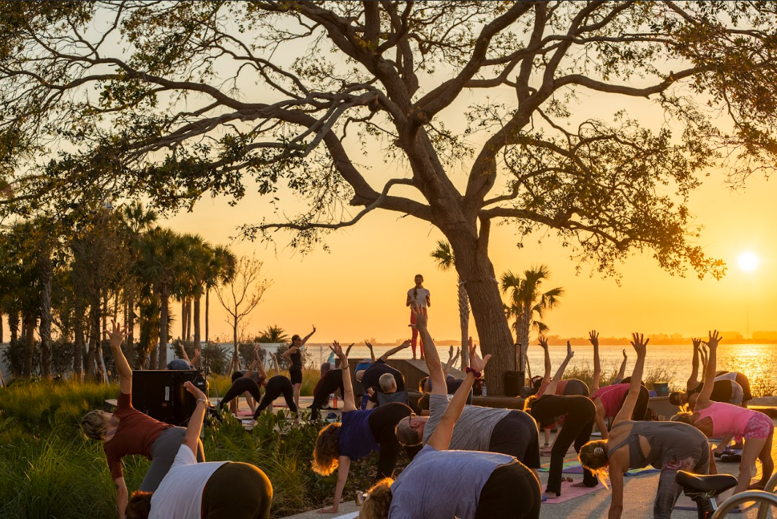 sunset yoga at the bay park