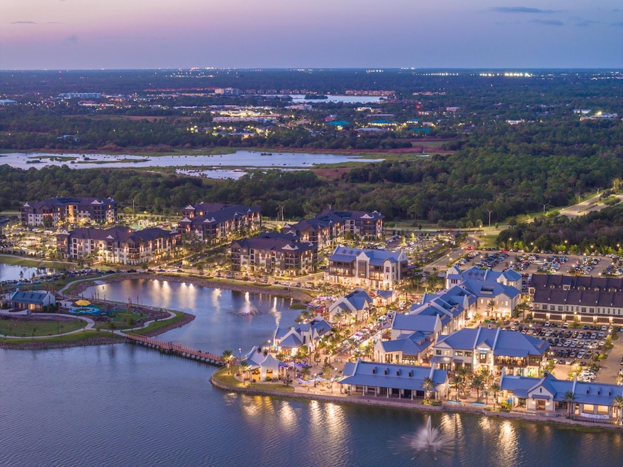 waterside place shopping and dining at sunset