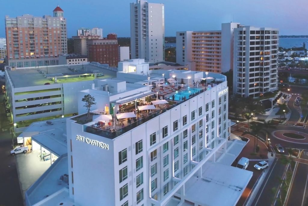 art ovation rooftop at night
