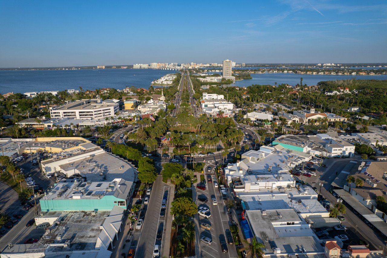 aerial of st armands circle on lido key