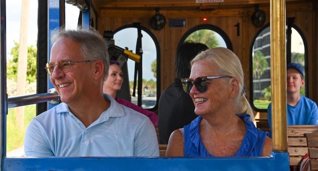 couple riding the breeze trolley in downtown sarasota