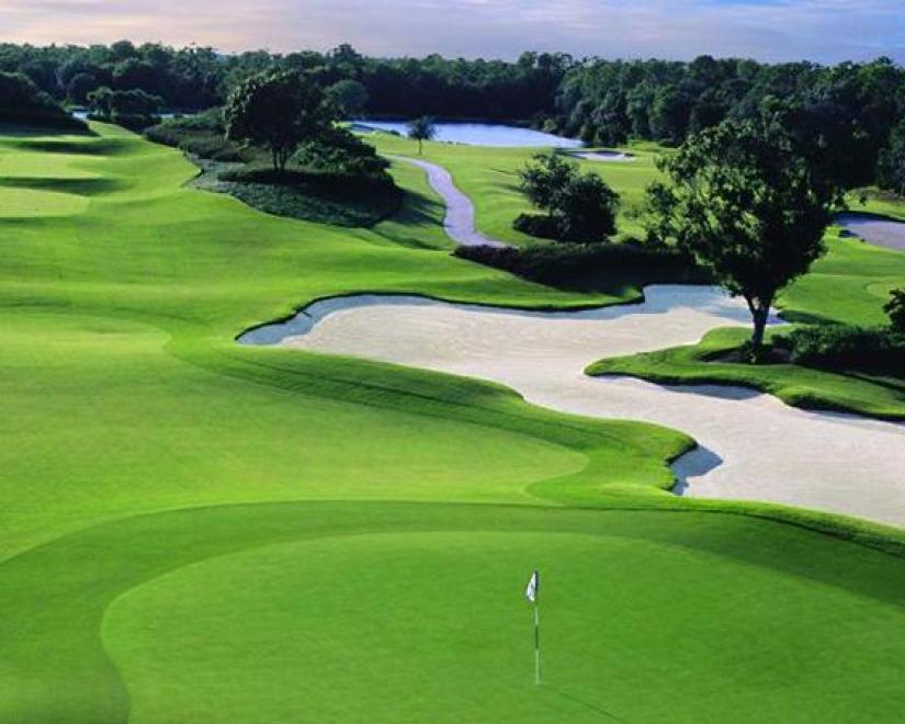 Arial view of Member Golf Club fairway, green and sandtrap