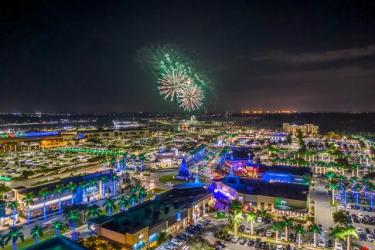 Fireworks above mall lighted for the holidays
