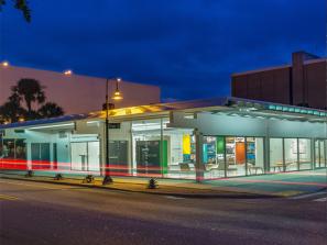 Architecture Sarasota - 1 - The western facade of Architecture Sarasota as viewed from S Orange Ave at night.