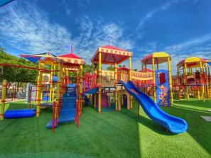 Circus Playground - This playground is circus inspired! Featuring a small splash area, rock climbing, slides, music makers, swings, and so much more. Perfect for picnics and spending the day with your little ones. No pets allowed unless they are service trained.