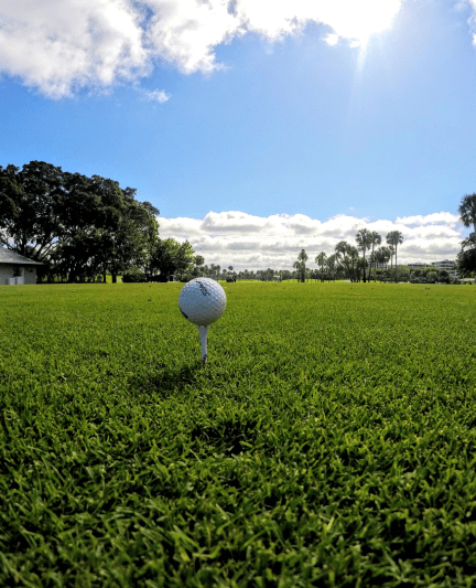 Golf ball sitting on a tee under a blue sky