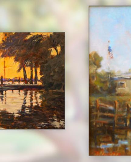 Two paintings: Left: Bay Front Park - Joseph Melancon.  Right: Casey Key Bridge - JosephPalmerio