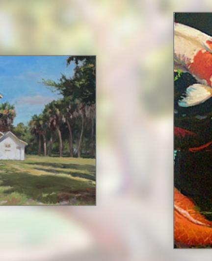Two paintings.  Left: Keith Farmhouse Phillippi Estate Park - DominicAvant.  Right: Marie Selby Koi Pond - Katie Dobson Cundiff
