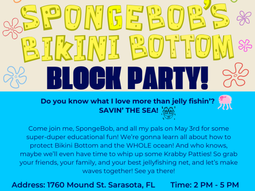 Event flyer for the Spongebob Bikini Bottom Block Party taking place on May 3 from 2-5 PM.