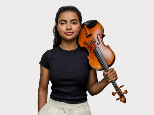 Violinist Amaryn Olmeda poses with a violin on her left-shoulder