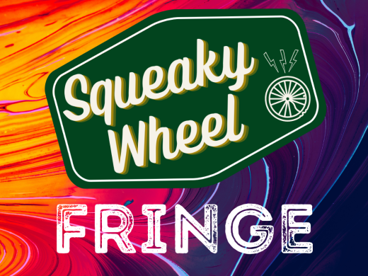 Squeaky Wheel Fringe Logo with rainbow paint swirl background
