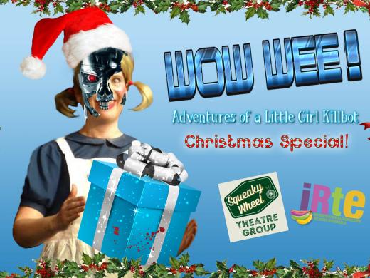 Andie the Android in a Santa Hat with a bloody gift wrapped box