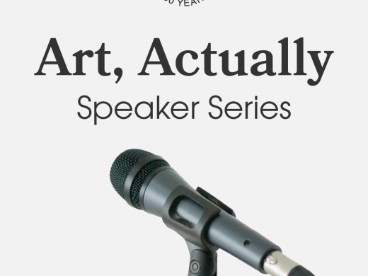 Microphone on stand with Art, Actually Speaker Series in writing above.