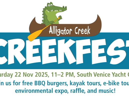 cartoon alligator paddling canoe with text "Alligator Creek Fest!"