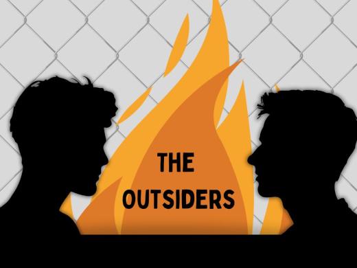  The poster for The Outsiders features two silhouetted figures facing each other against a backdrop of flames and a chain-link fence, symbolizing conflict, connection, and intensity.