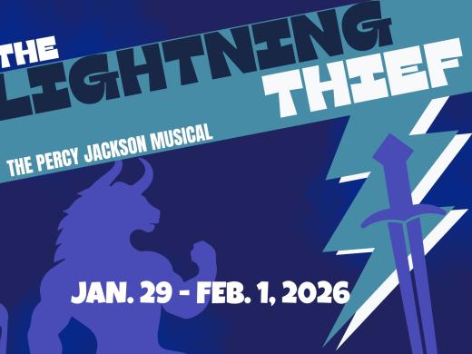 the words "The Lightning Thief: The Percy Jackson Musical" with dates Jan.29 - Feb.1