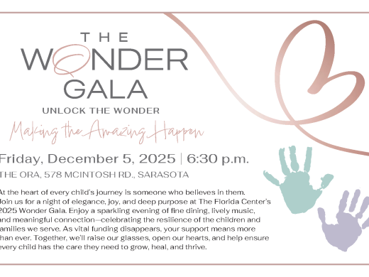 Brief description of Florida Center for Early Childhood services and "Wonder Gala" logo, date, time and location.