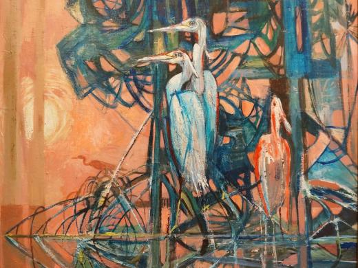 Two white birds in the bayou on an orange background