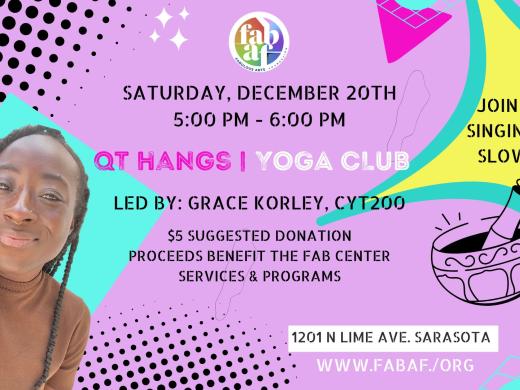 Event flyer with purple background and neon-colored geometric shapes featuring yoga instructor, Grace Korley, a cartoon image of a singing bowl, and the event information.