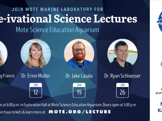 Image of the scientists speaking at Mote-ivational Science Lectures. From left to right: Dr. Kirstie Francis , Dr. Erinn Muller, Dr. Jake Lasala, and Dr. Ryan Schloesser