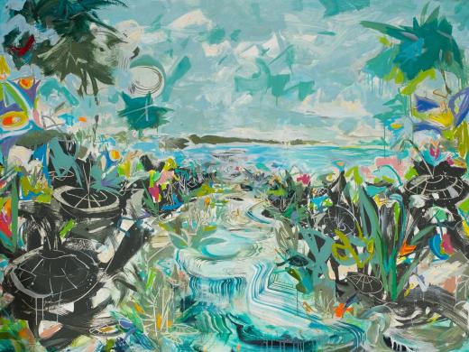 Abstract painting with black snapping turtles looking into the water 