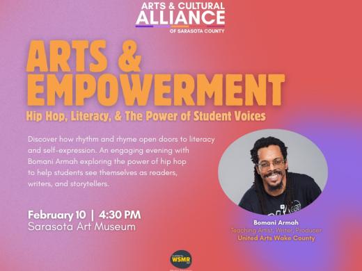 Arts & Empowerment digital flyer of the speaker series session taking place on Tuesday, February 10, 2026 from 4:30pm to 6:00pm