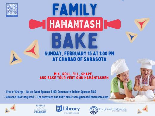 Join families Sunday, Feb 15 at 1 PM at Chabad of Sarasota for a sweet, hands-on hamantashen baking experience. Mix, roll, fill, and celebrate Purim together. Free event; sponsors welcome.