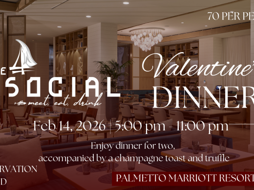 Saturday, February 14, 2026 | 5:00 PM – 10:00 PM  Set the mood for romance this Valentine’s Day with an intimate dinner experience at The Social at Palmetto Marriott Resort & Spa. Enjoy an elevated evening designed for couples, featuring a thoughtfully crafted dining experience in a warm, sophisticated setting.  Guests will savor dinner for two, complete with a celebratory champagne toast and indulgent truffles — the perfect pairing for a night of connection and celebration. Whether it’s your first Valentin