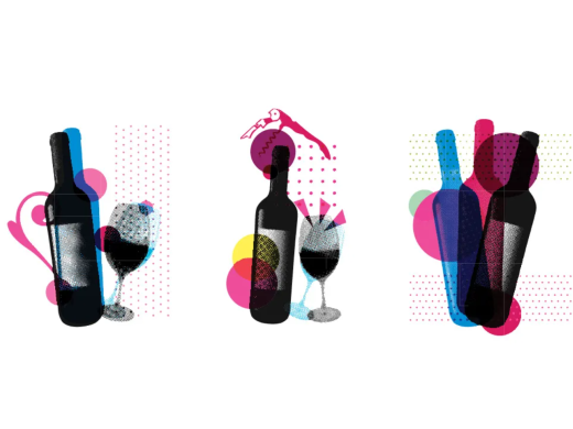Three stylized wine bottle and glass compositions with colorful overlapping shapes and dotted patterns on a light background.