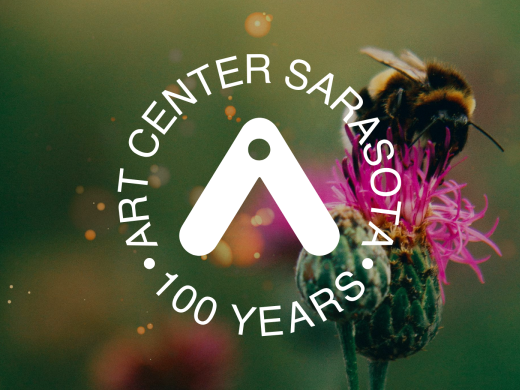 Image of a bee on a pink flower, with glowing sparkles around it. Art Center Sarasota logo is layered on top.