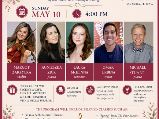 Promotional Flyer for the Margot and Friends Mother's Day Concert taking place at Art Ovation Hotel May 10th at 4pm