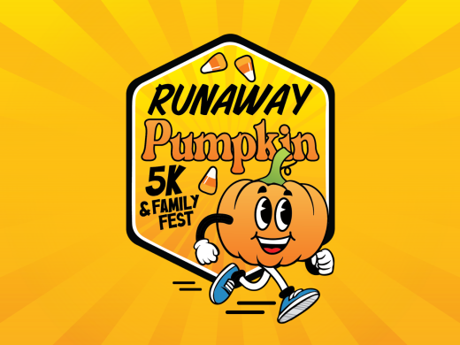 Logo on orange and yellow background. Text says "Runaway Pumpkin 5K & Family Fest"