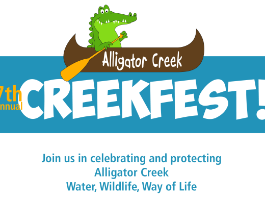 cartoon alligator paddling a canoe over the text: 7th Annual Alligator Creek Fest Join us in celebrating and protecting Alligator Creek, Water, Wildlife, Way of Life
