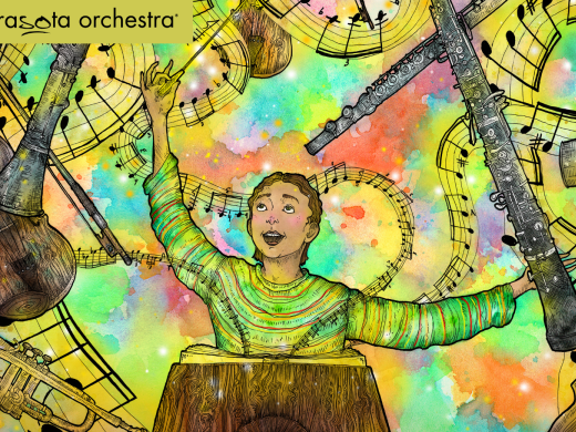 A happy young music lover marvels at instruments