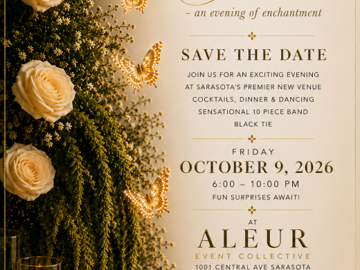 Golden Wings Gala event flyer featuring an elegant black and gold design with event details, dinner, dancing, live 10-piece band, and fundraising benefitting The Sisterhood Project USA. 
