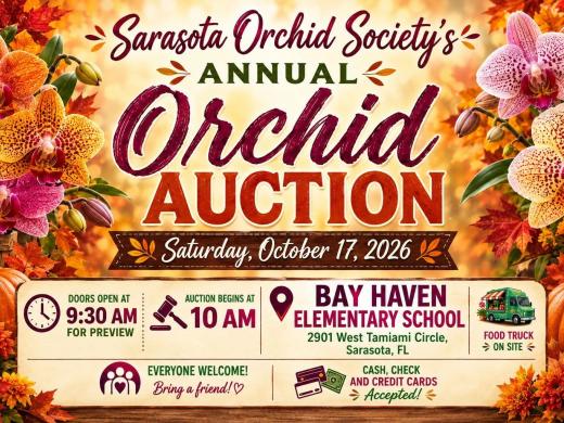 🌸 SARASOTA ORCHID SOCIETY ANNUAL AUCTION! 🌸  📅 Saturday, October 17, 2026 📍 Bay Haven Elementary School 2901 West Tamiami Circle, Sarasota, FL  🌿 Doors open at 9:30 AM for plant viewing 🔨 Auction begins promptly at 10:00 AM  OPEN TO THE PUBLIC — EVERYONE IS WELCOME! 🎉
