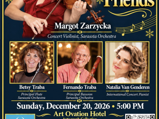 Margot & Friends holiday concert poster featuring Margot Zarzycka, Betsy Traba, Fernando Traba, and Natalia Van Genderen, performing December 20, 2026, at Art Ovation Hotel in Sarasota.