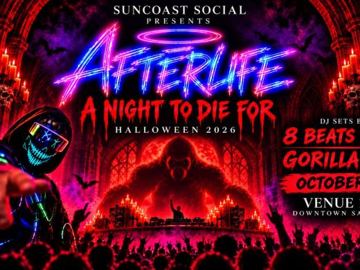 AFTERLIFE Halloween party flyer for October 31, 2026 at Venue 1927, featuring 8 Beats Deep and Gorilla Luke.