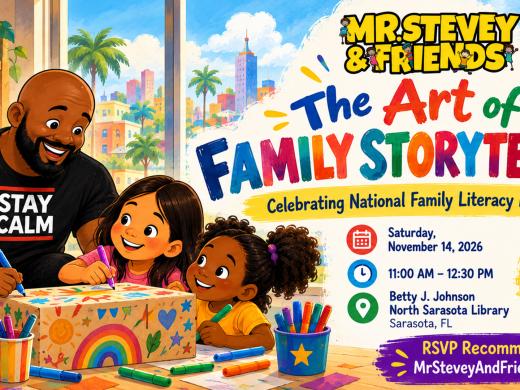 Illustrated Mr. Stevey & Friends event flyer featuring Mr. Stevey reading Milo Imagines the World to children. Celebrating the Art of Family Storytelling, a free family literacy event on November 14, 2026, from 11 AM to 12:30 PM at Betty J. Johnson North Sarasota Library in Sarasota, Florida. RSVP recommended at MrSteveyAndFriends.com.