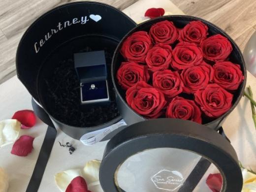 Proposal Flower Box Surprise - Sun Served Bespoke Picnics serves Sarasota and surrounding areas with Luxury picnics, proposals, micro-weddings, anniversaries, room decor, flower boxes, custom gifts... Photo 26